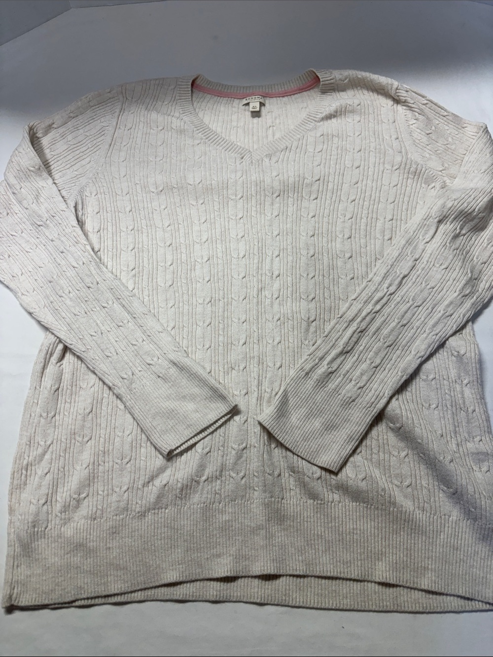 Sonoma Cream Cable Knit V-Neck Sweater 53% Cotton